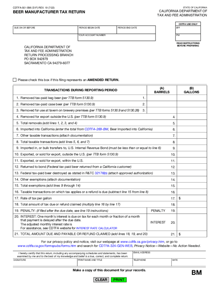 CDTFA-501-BM, Beer Manufacturer Tax Return Preview on Page 1