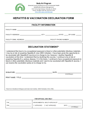 Fillable Online Hepatitis B Vaccination Declination Form. Hepatitis B ...
