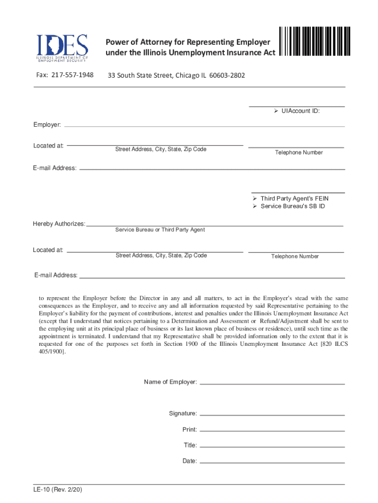 Power of Attorney for Representing Employer under the Illinois Unemployment Insurance Act (Form LE-1 Preview on Page 1