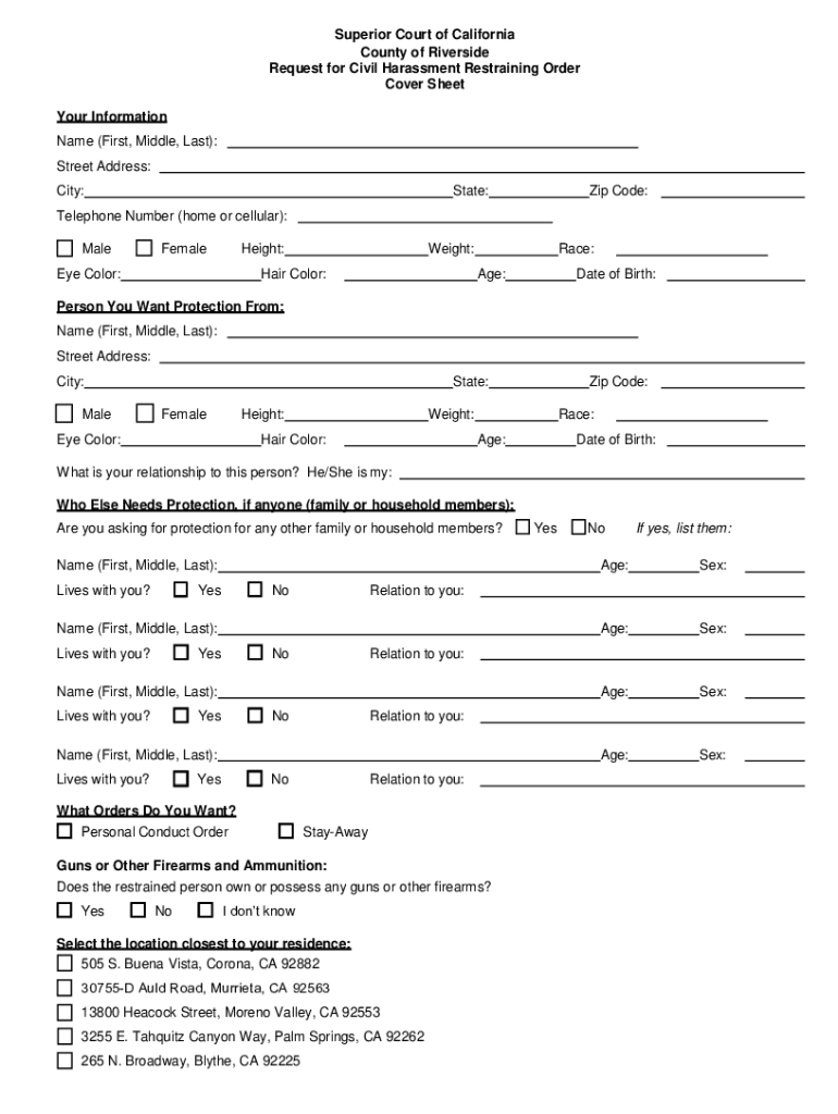 2021 Form CA Request For Civil Harassment Restraining Order Cover Sheet 