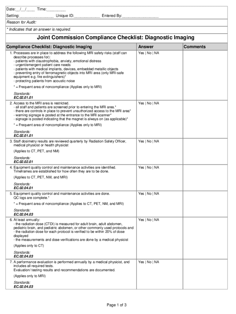 Fillable Online Joint Commission Compliance Checklist Diagnostic