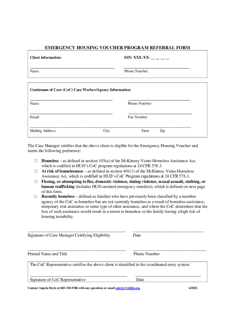 Fillable Online EMERGENCY HOUSING VOUCHER PROGRAM REFERRAL FORM Fax