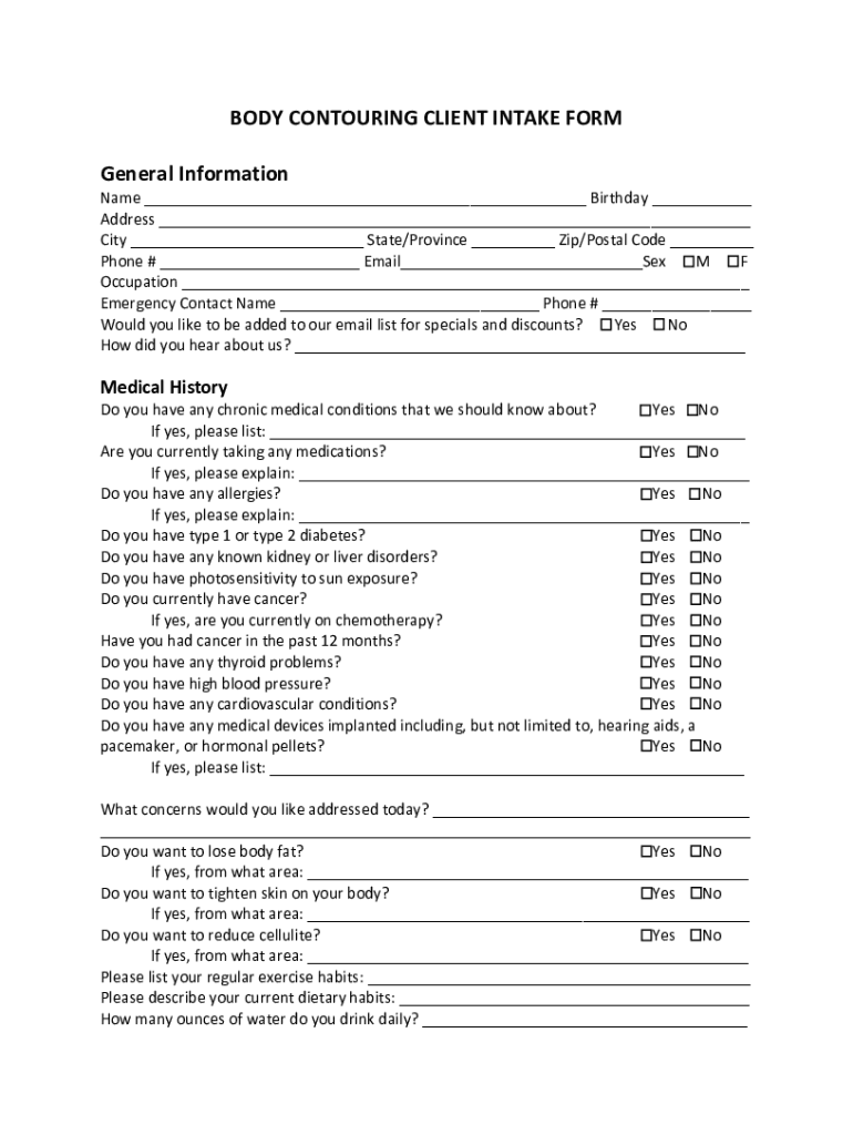 Fillable Online BODY CONTOURING CLIENT INTAKE FORM Fax Email Print