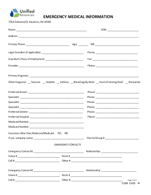 Fillable Online EMERGENCY MEDICAL EMERGENCY MEDICAL INFORMATION FORM ...