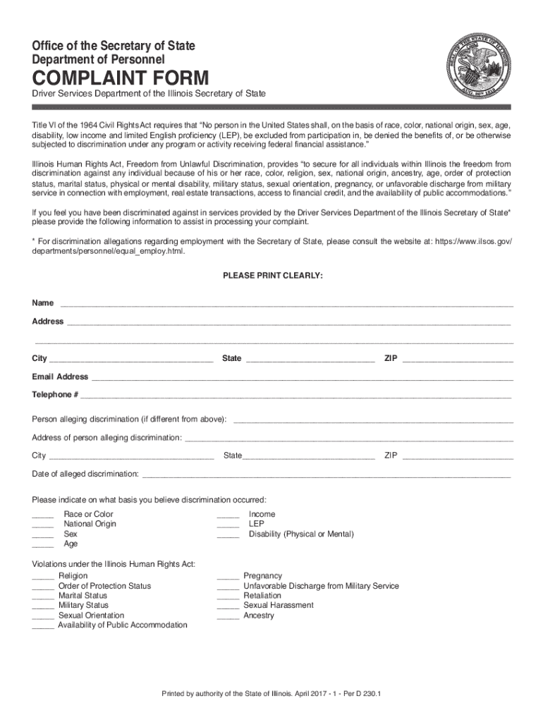 illinois complaint secretary form Preview on Page 1