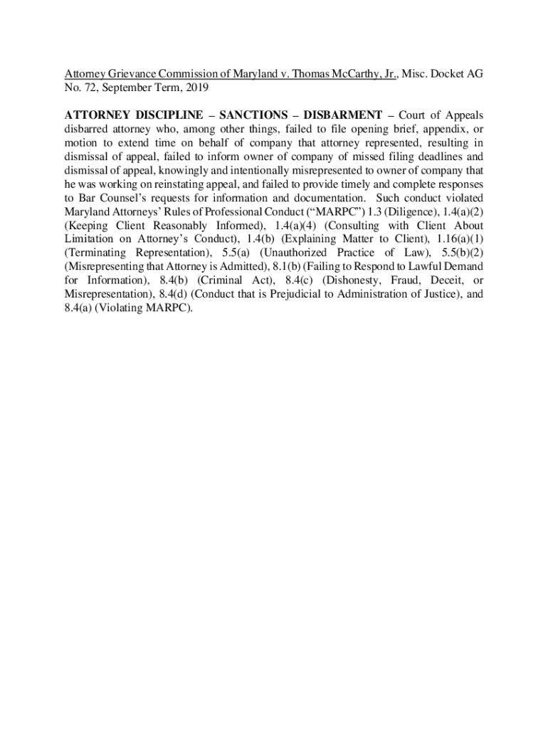 Fillable Online ATTORNEY DISCIPLINE SANCTIONS DISBARMENT Maryland