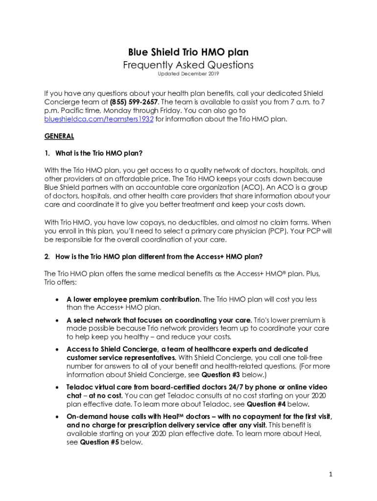 Fillable Online Blue Shield Trio HMO Plan Frequently Asked Questions