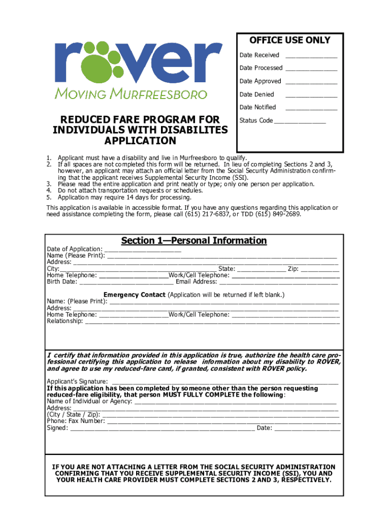 Fillable Online Application For REDUCED FARE PROGRAM Fax Email Print pdfFiller