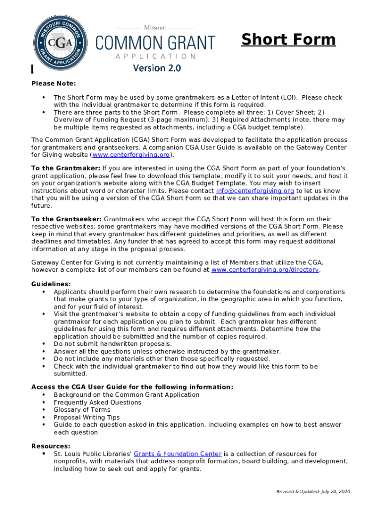 DOC Common Grant Application Short Cover Sheet Gateway Doc