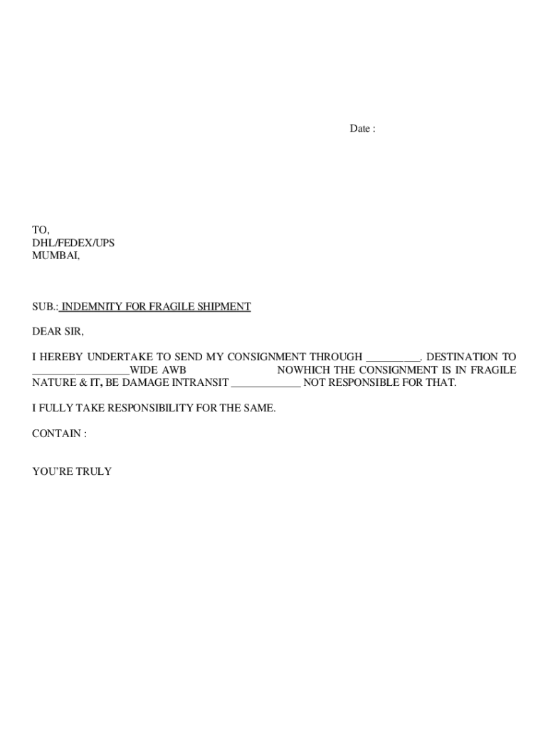Fillable Online Letter of Indemnity DHLthis sanctions warranty and