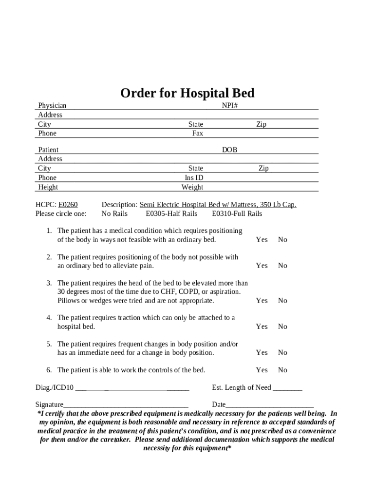 Order for Hospital Bed Doc Template pdfFiller