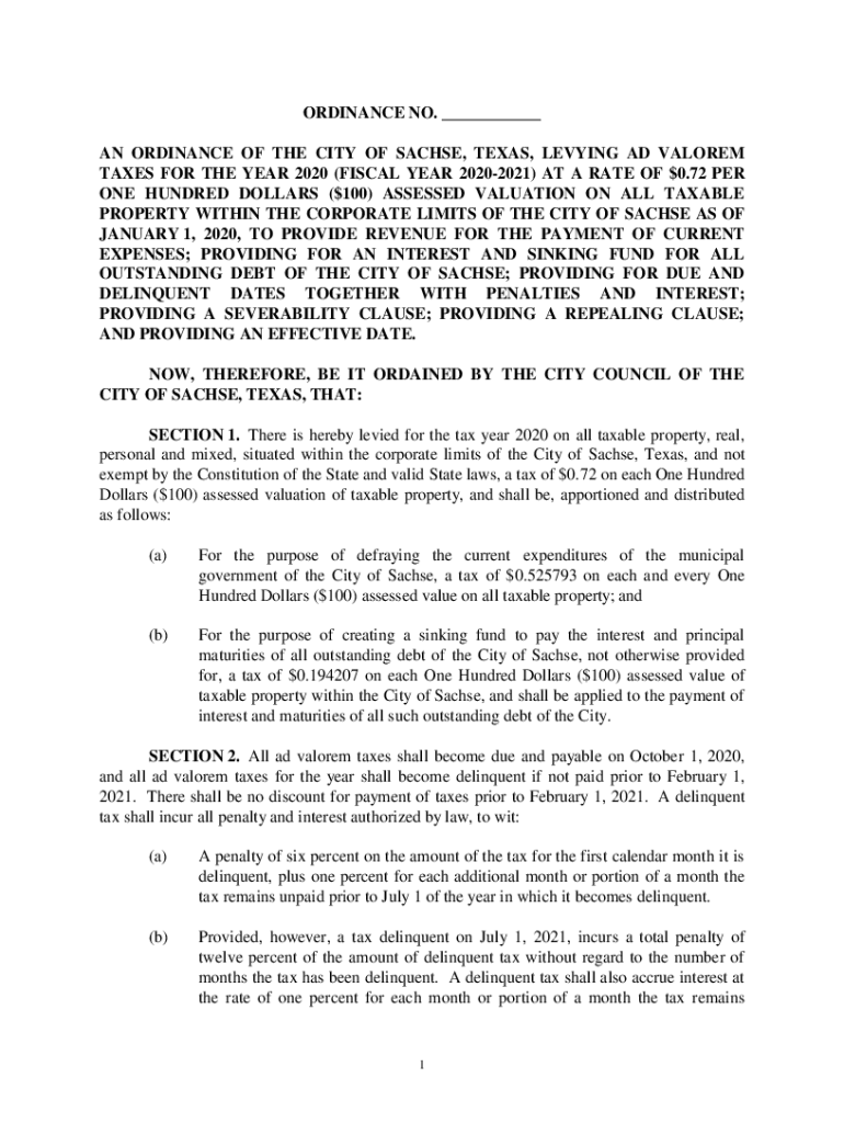 Fillable Online Draft Sachse Ordinance Ad Valorem Taxes FY 202021 Fax