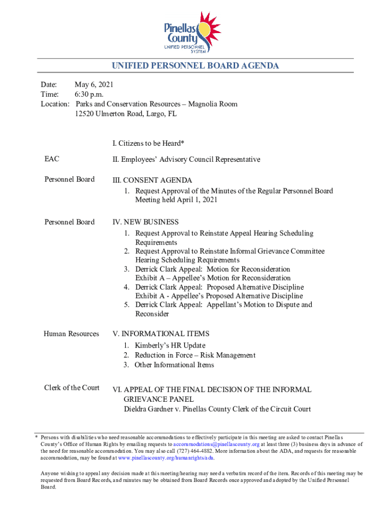 Fillable Online UNIFIED PERSONNEL BOARD AGENDA Pinellas County Fax