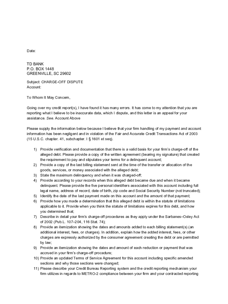 Fillable Online TDBANK Charge Off Dispute Sample Letter Fax Email fillable-online-tdbank-charge-off-dispute-sample-letter-fax-email