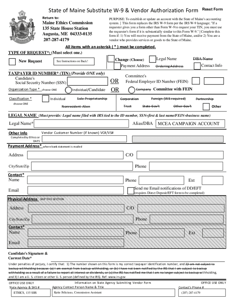 Fillable Online State of Maine Substitute W-9 &amp; Vendor Authorization ...