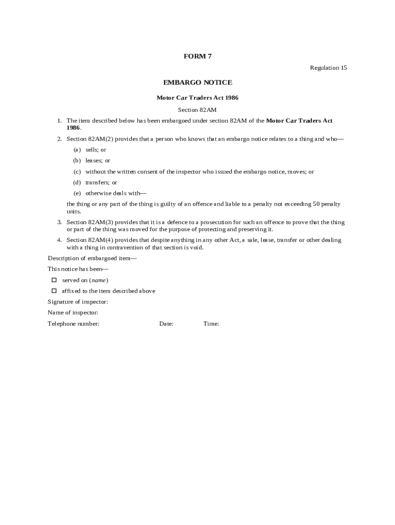 7 Embargo notice. Motor car traders Doc Template pdfFiller