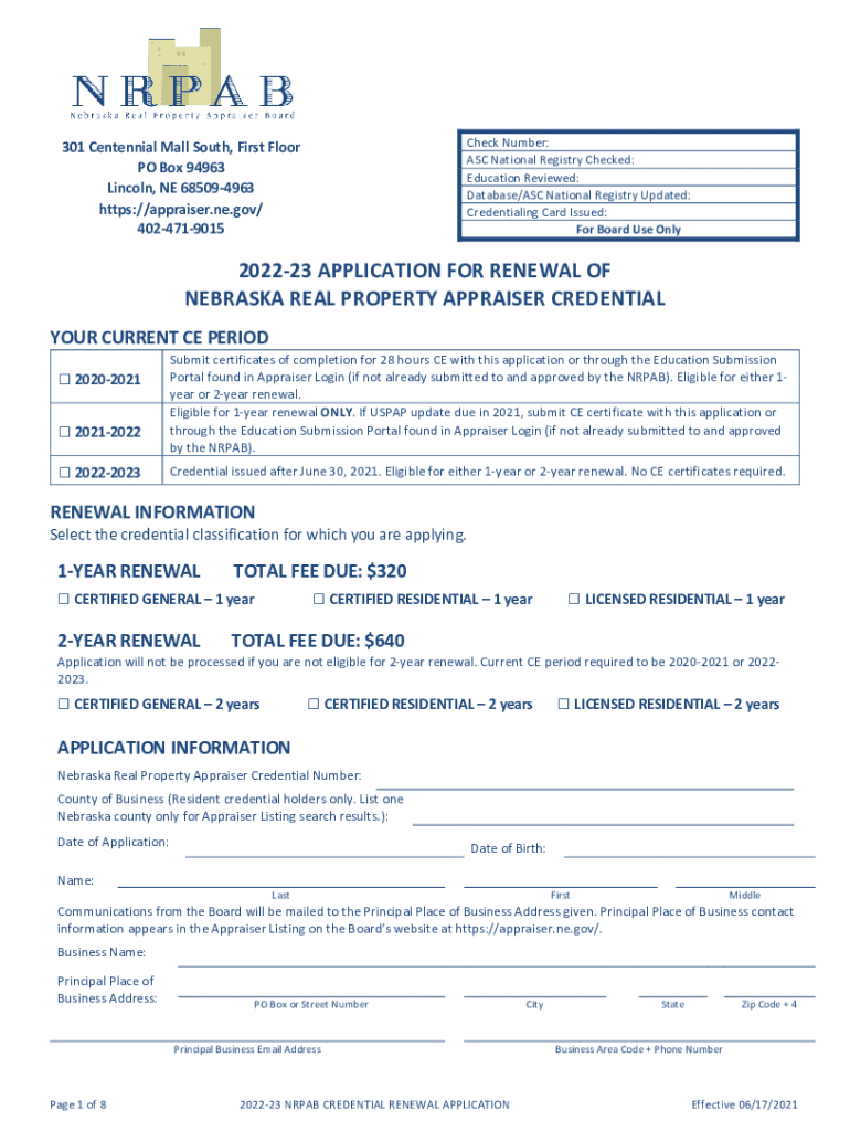 Fillable Online appraiser ne 202223 Application for Renewal of