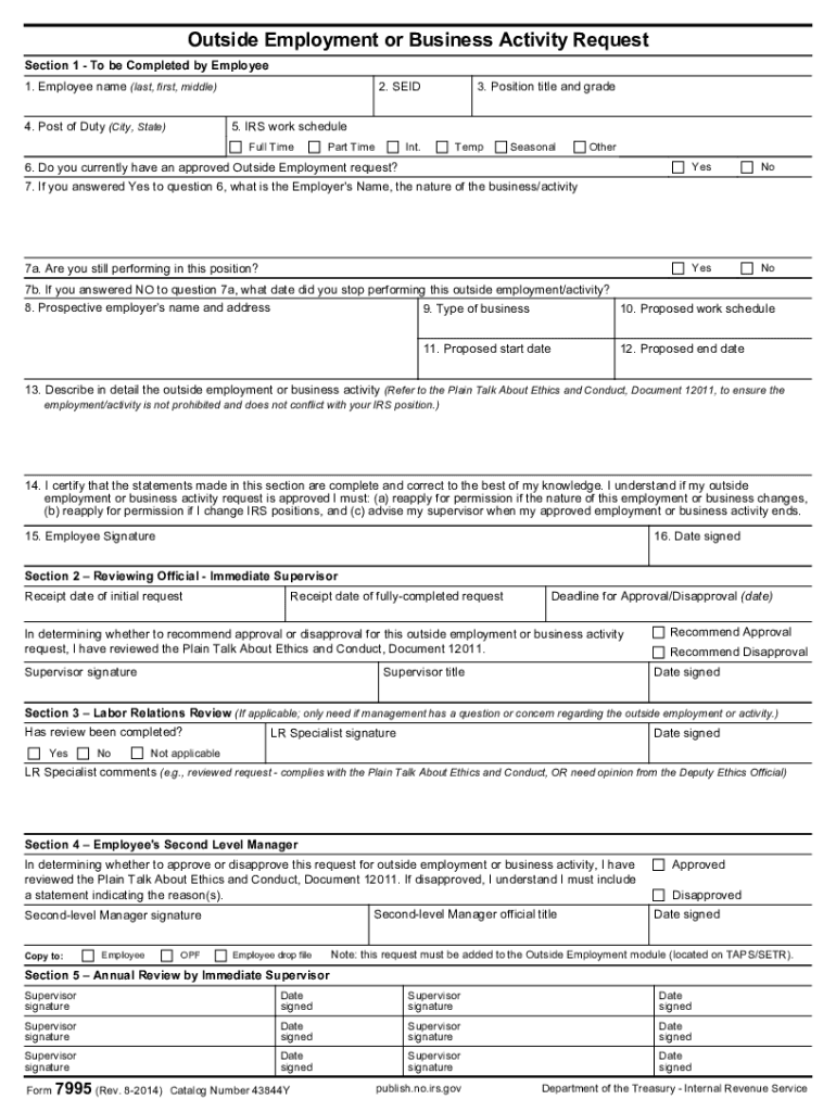 Form 7995 (Rev 8-2014) Outside Employment or Business Activity Request Preview on Page 1