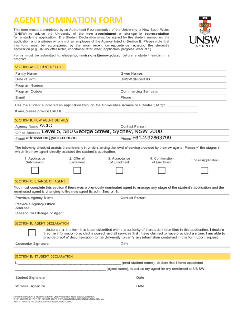 unsw agent nomination form Preview on Page 1