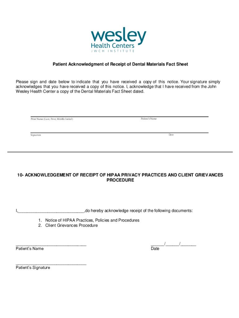 Fillable Online PDF Patient Acknowledgment of Receipt of Dental