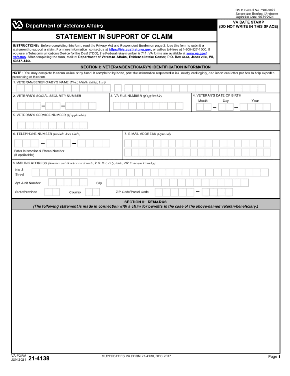 Va Form 21-4138 - Statement In Support Of Claim - National