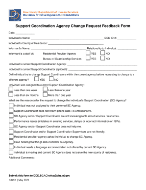 Support Coordination Agency Change Request Feedback Form