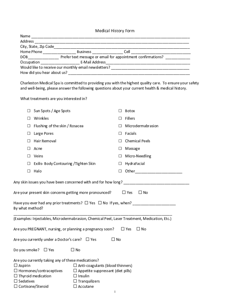Medical History Form - Charleston Medical Spa Preview on Page 1
