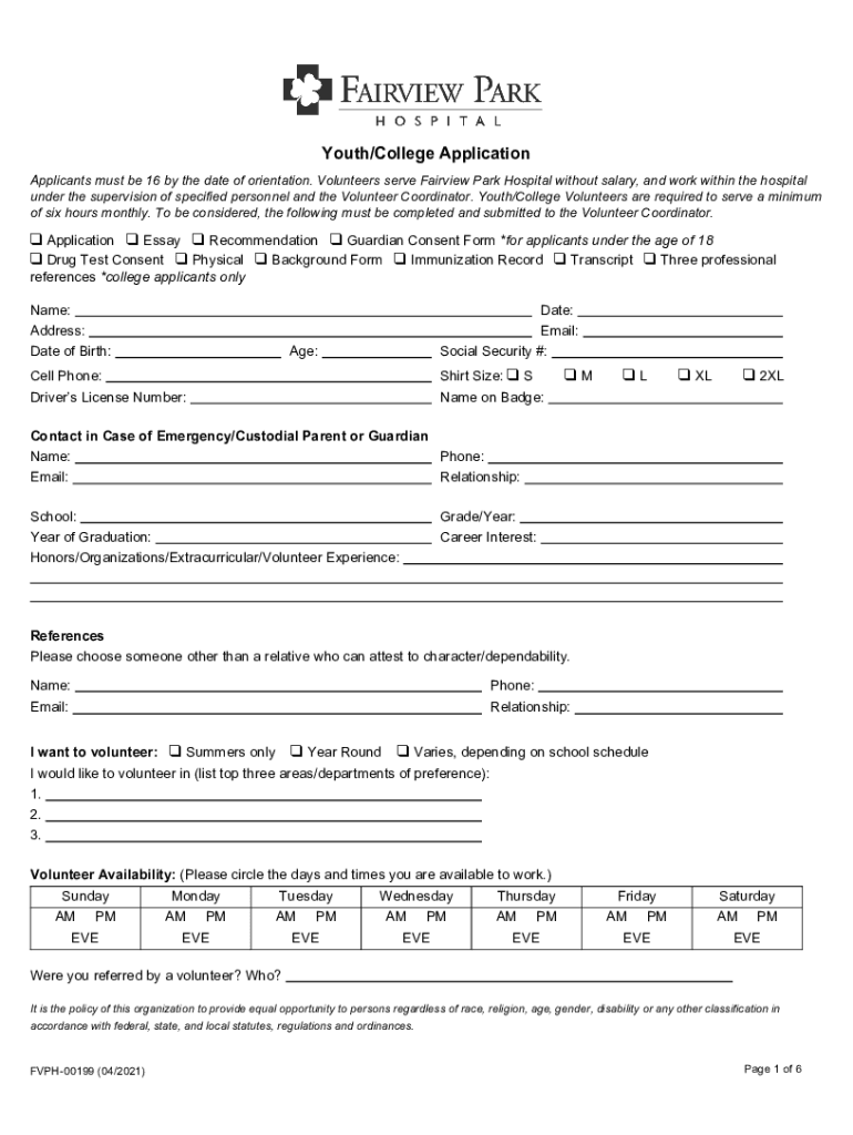 Youth College Application q L q XL - Fairview Park Hospital Preview on Page 1