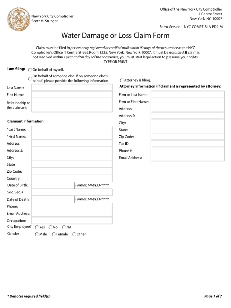 water loss claim form Preview on Page 1