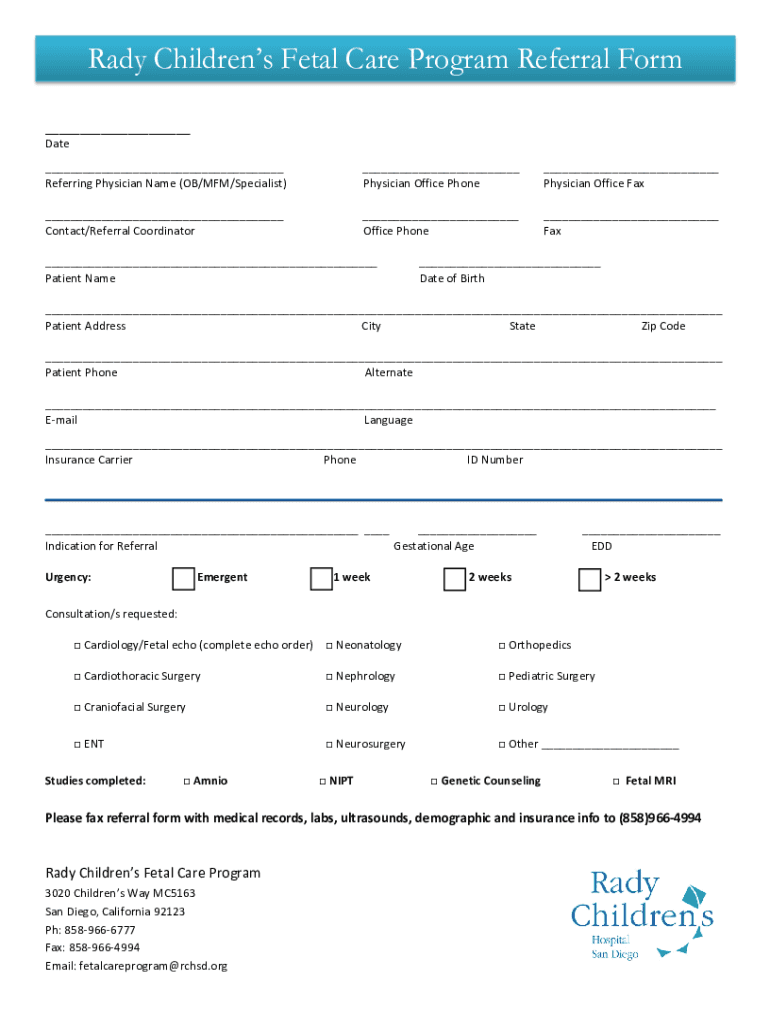 Fillable Online Rady Childrens Fetal Care Program Referral Form Fax ...