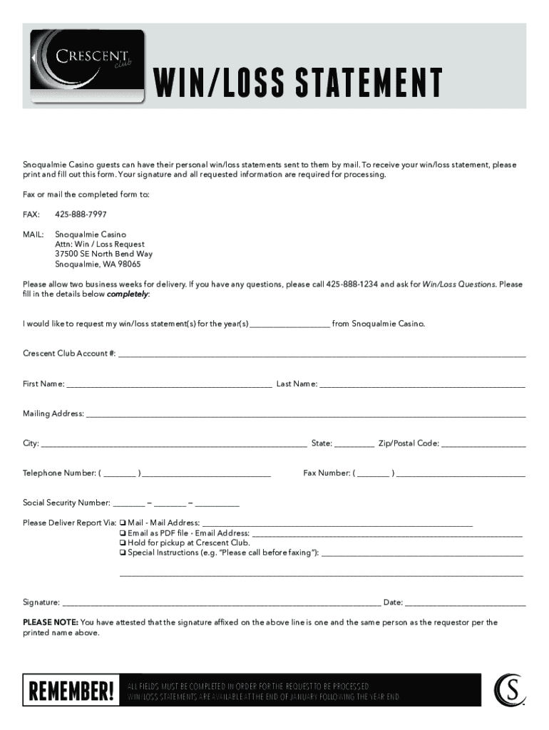 2018 Form Snoqualmie Casino Crescent Club Win Loss Statement Request 2018 Form Snoqualmie Casino Crescent Club Win Loss Statement Request