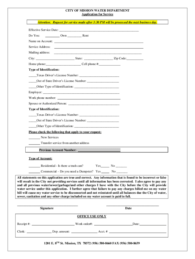 Fillable Online Water Service Application EnglishREV 916 Fax Email