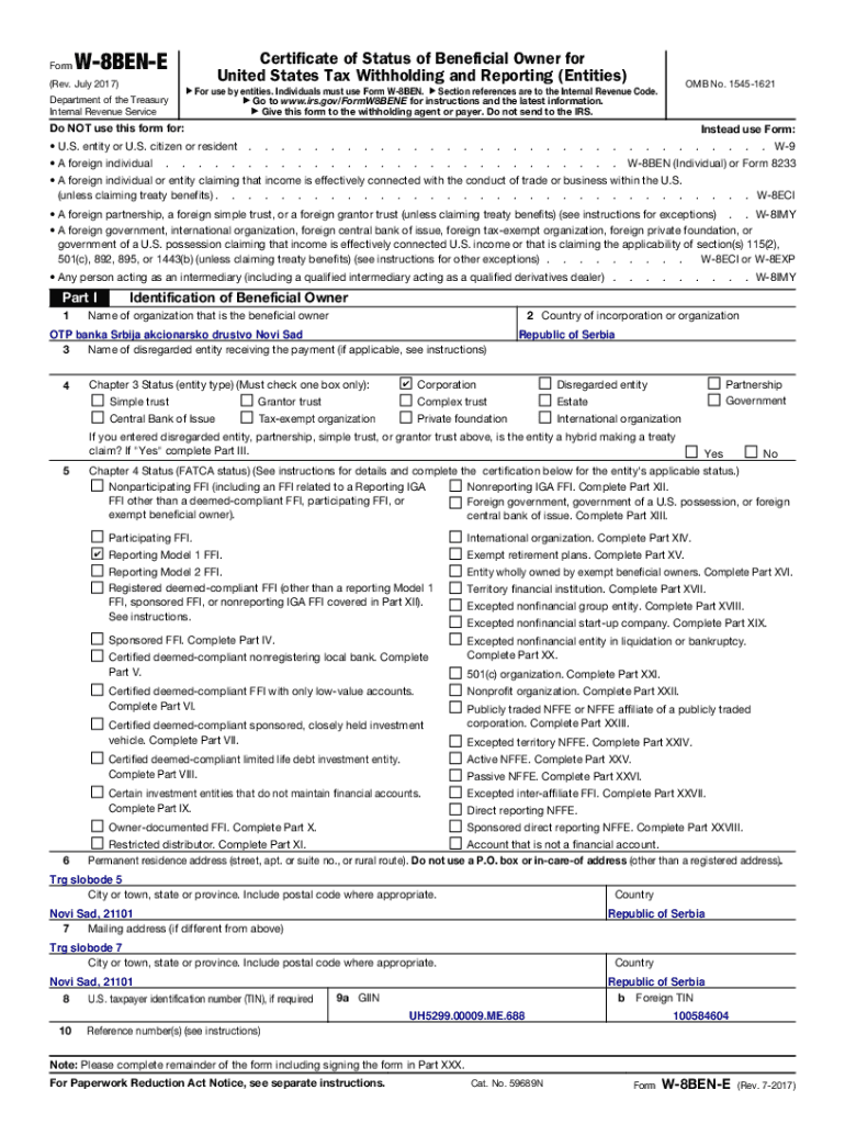 Form W-8BEN-E Certificate of Status of - otpbanka rs Preview on Page 1