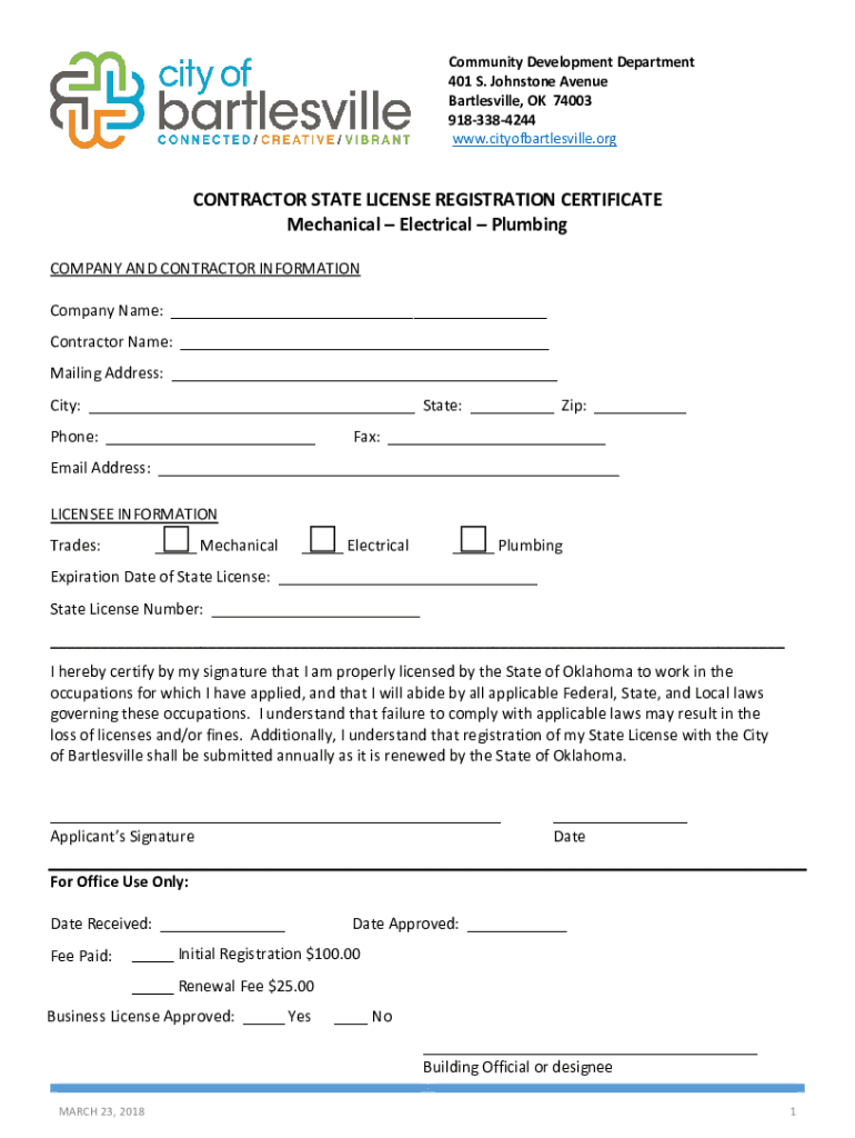 CONTRACTOR STATE LICENSE REGISTRATION CERTIFICATE Preview on Page 1