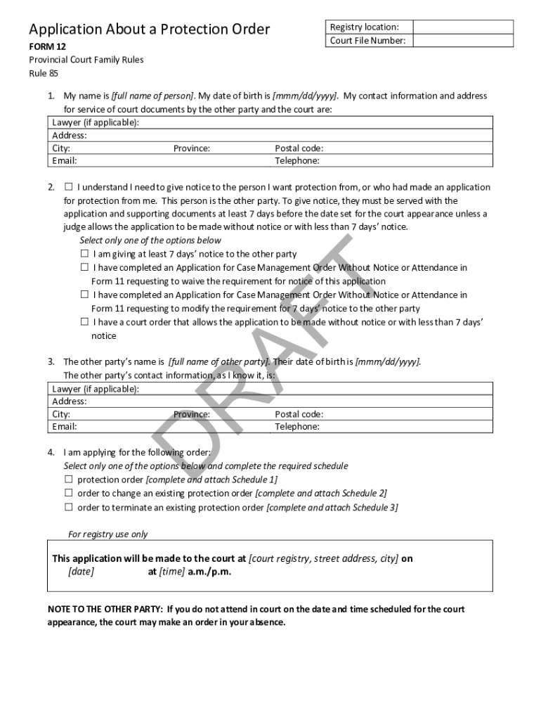 Fillable Online Form 12 - Application about a Protection Order ...