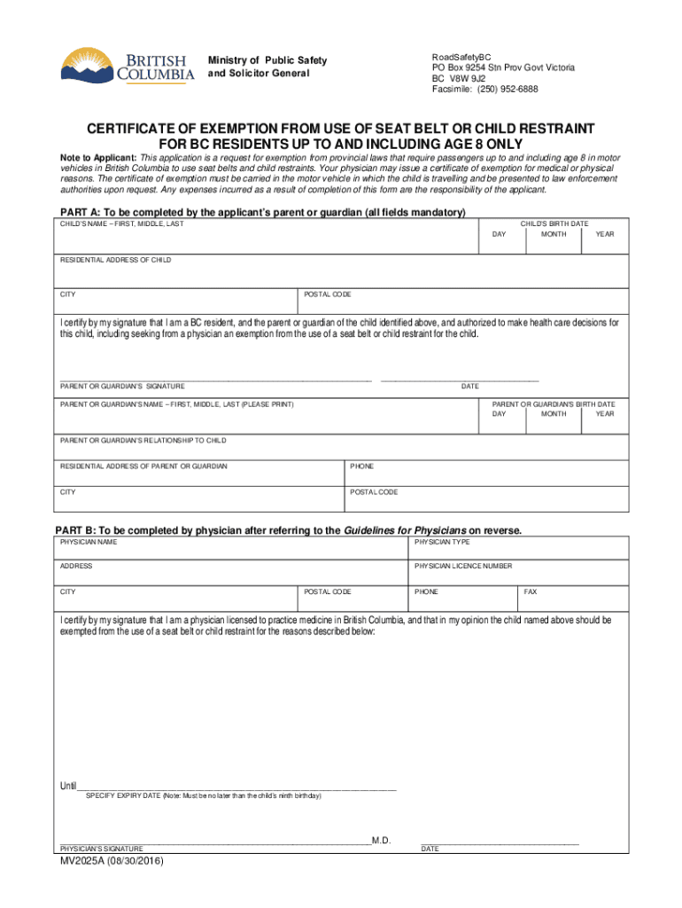 Fillable Online Certificate of Exemption from use of seat belt or child Fax Email Print