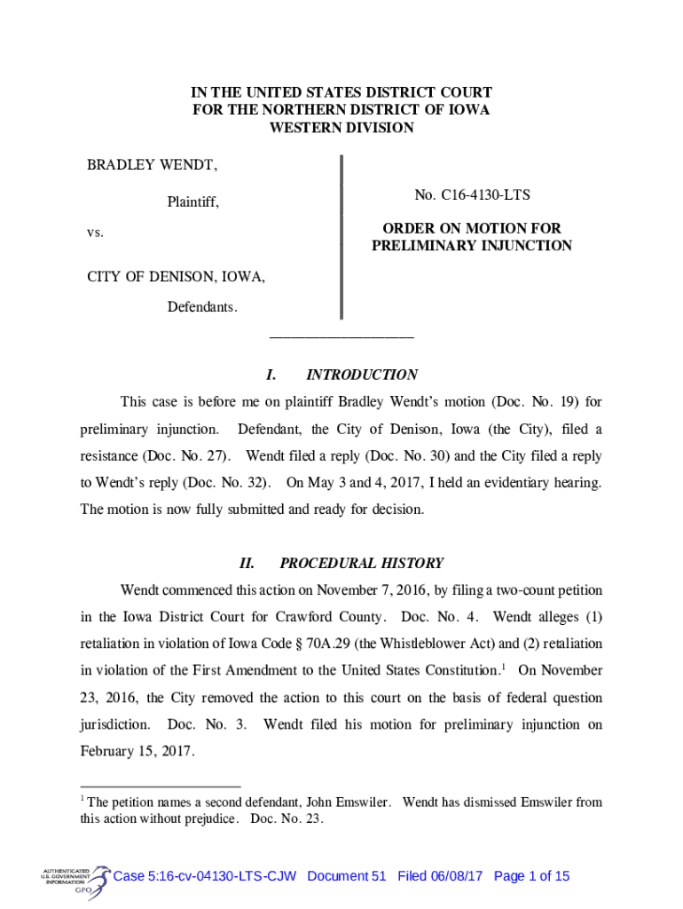 Wendt v. Denison, City of--SEE #23 STIPULATION TERMING ... Preview on Page 1