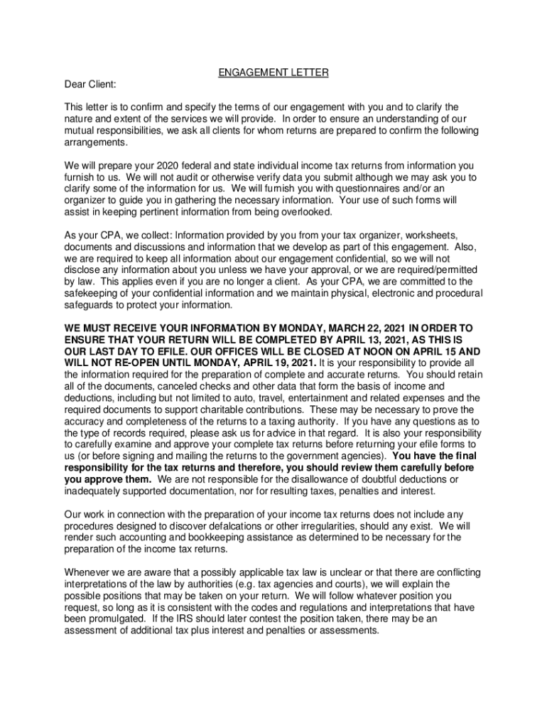 Fillable Online Sample Personal Tax Return Engagement Letter - Markel