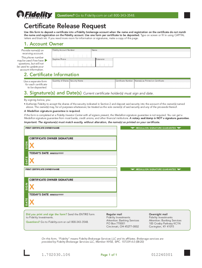 fidelity certificate release request Preview on Page 1