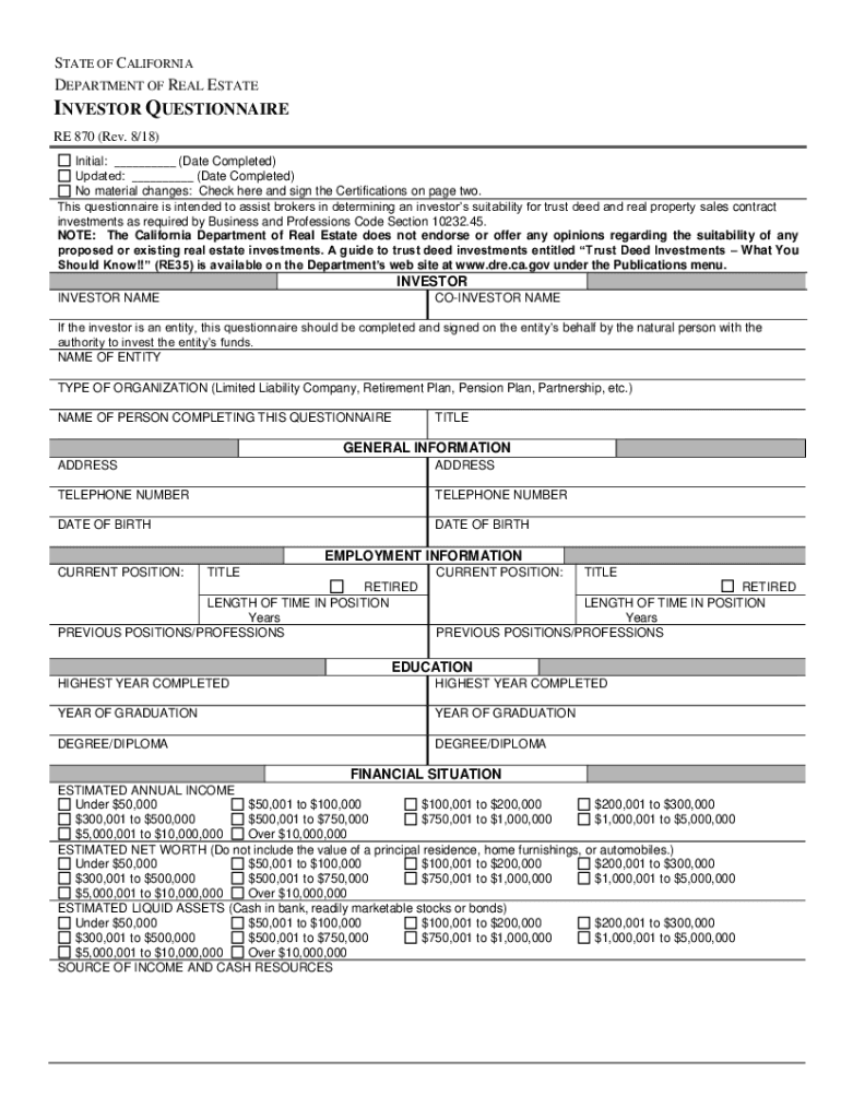 PDF Investor Questionnaire (RE 870), Rev 8/18 - California Department ... Preview on Page 1