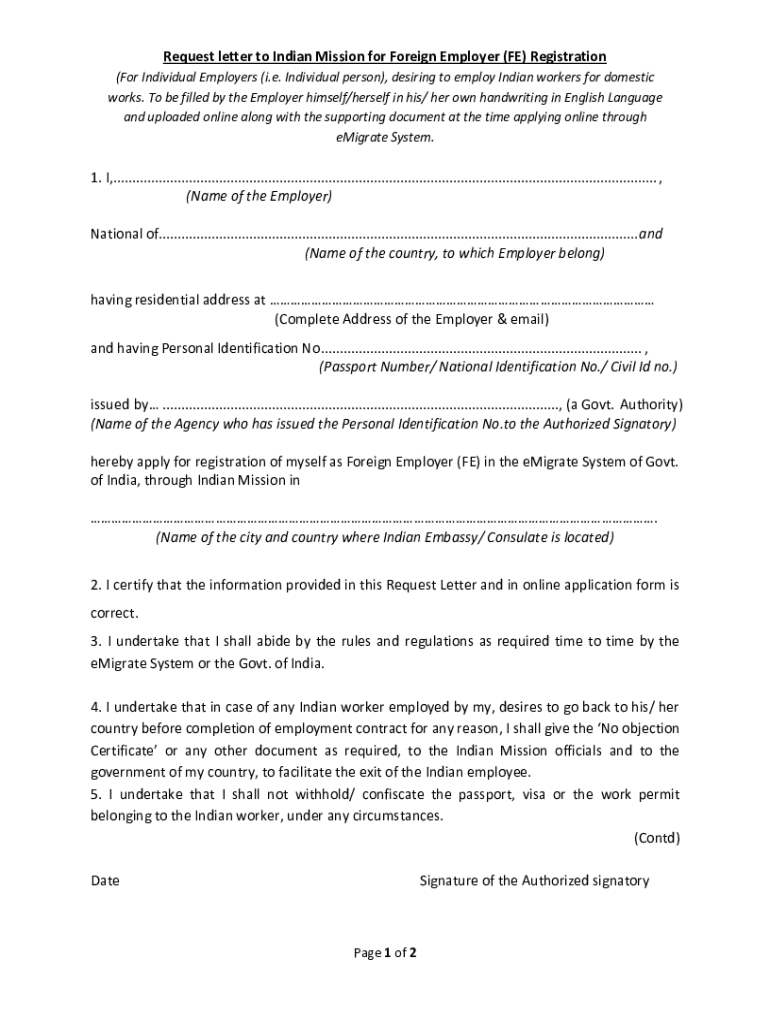 Request letter to Indian Mission for Foreign Employer (FE) Preview on Page 1