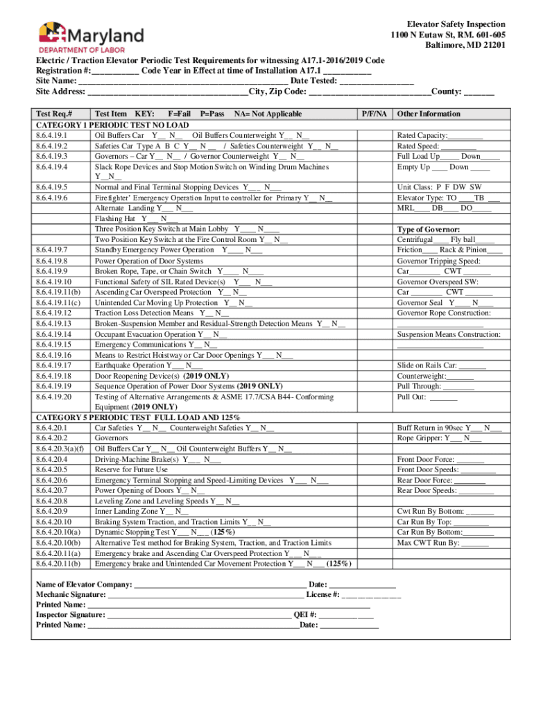 Fillable Online Elevator Safety Inspection 1100 N Eutaw St, RM. 601605