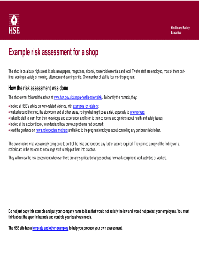 Fillable Online Example risk assessment for a shop. Risk assessment Fax