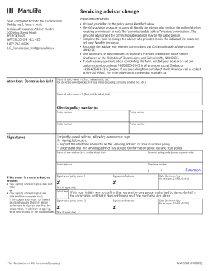 Servicing advisor change- InsuranceManulife. Complete this form to change the advisor who provides service for individual life insurance or Living Benefits insurance.