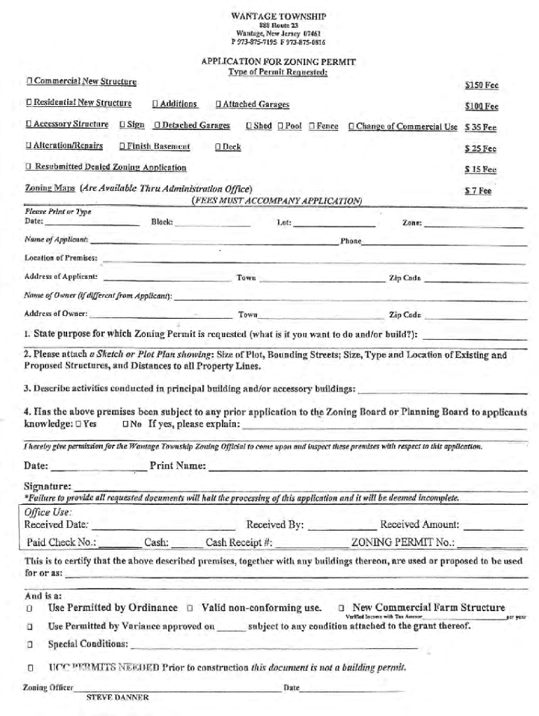 Zoning Application Permit Fees - Wantage Township, New Jersey Preview on Page 1