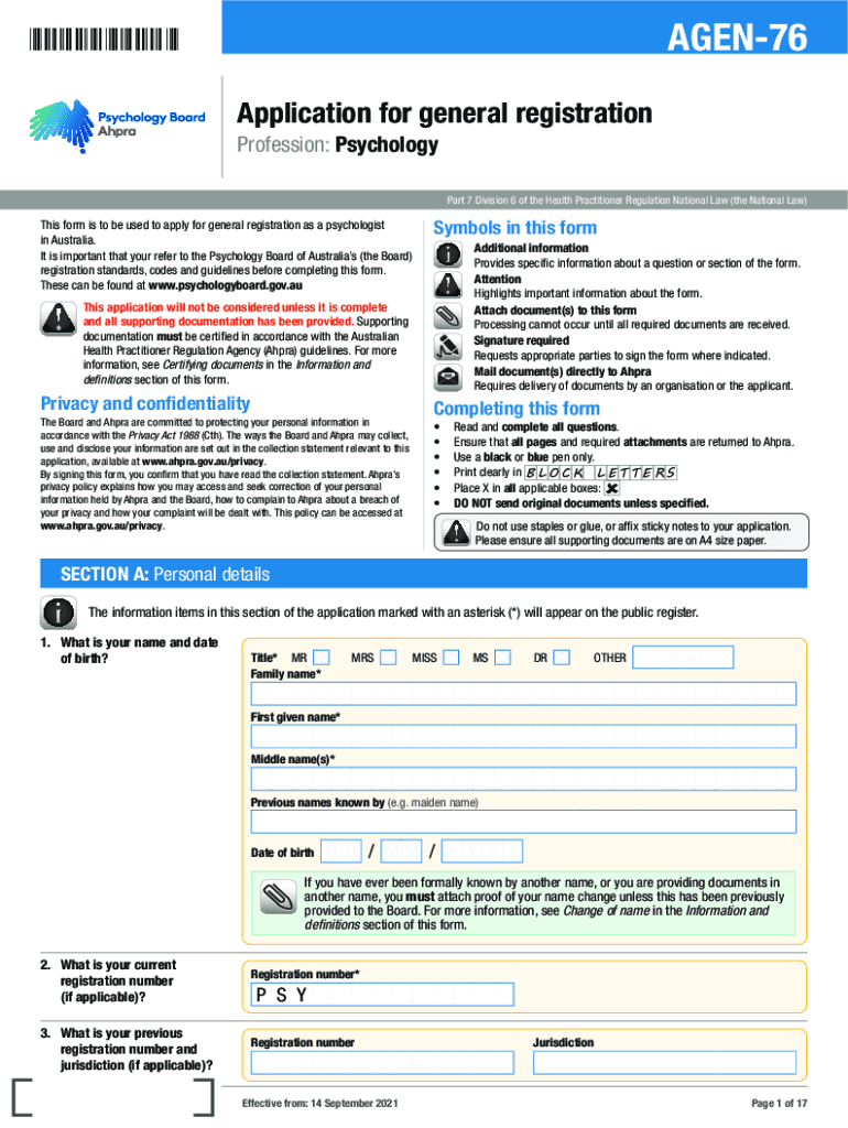 DocHub form-library476016Application For General Registration As A Psychologist - AGEN Preview on Page 1