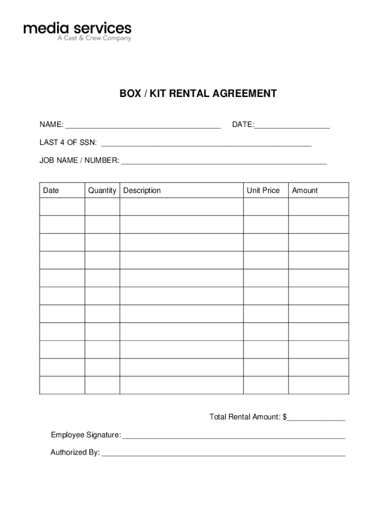 Fillable Online box kit rental agreement - Media Preview on Page 1