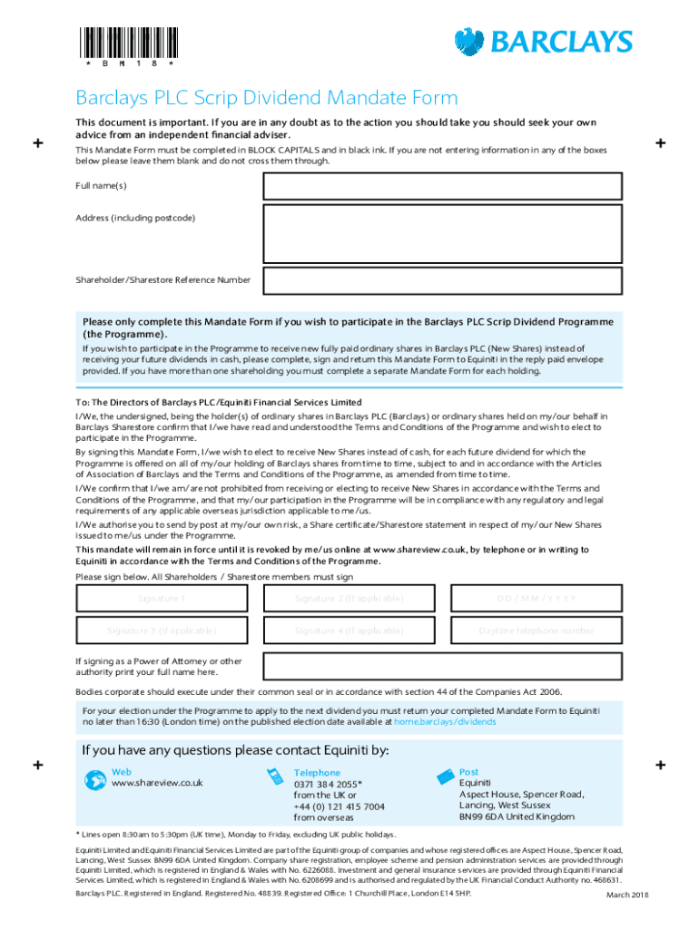 Fillable Online Barclays PLC Scrip Dividend Mandate Form Fill and