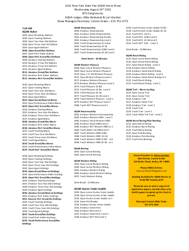 Fillable Online 2021 New York State Fair AQHA Horse Show Wednesday