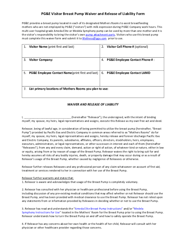 Fillable Online PG&amp;E Visitor Breast Pump Waiver and Release of ...